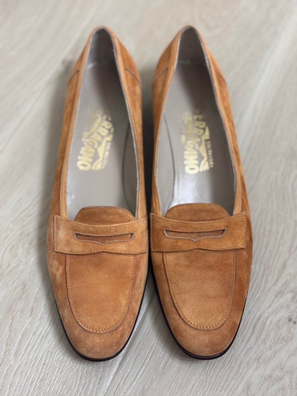 Salvatore Ferragamo Suede Penny Loafers Golden Tan Size 8.5 AA